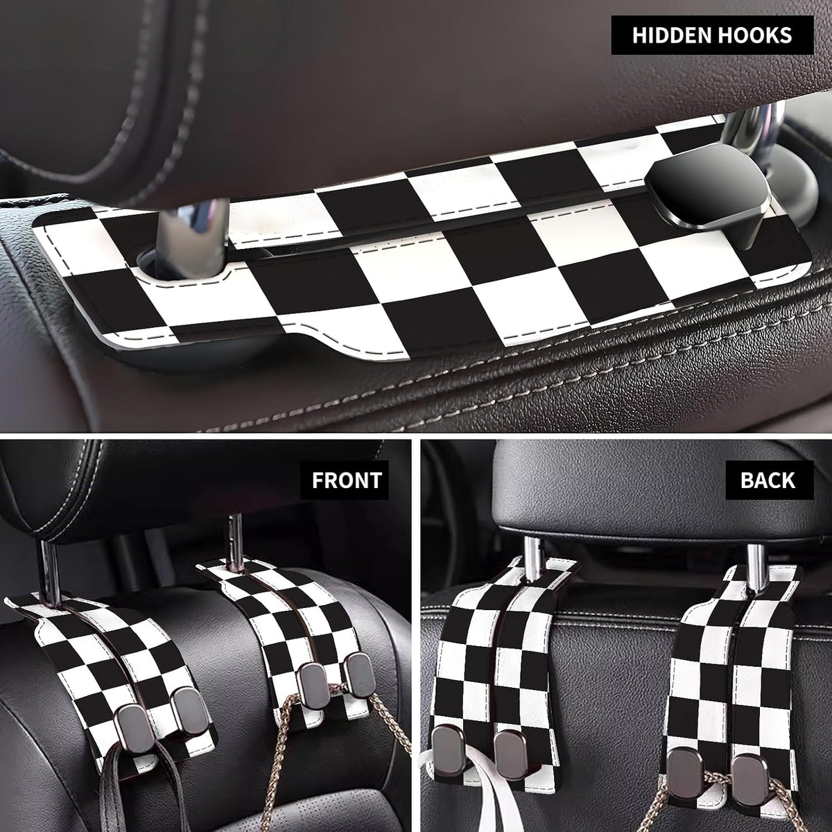 Car Seat Back Storage Headrest Hook, Premium Leather Double Metal Hook, Hanger Storage Organizer for Purse Cloth Bag, Car Interior Accessories Black White Plaid