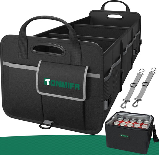 112L Large Capacity Car Trunk Organizer with 20L Insulated Fresh-Keeping Bag, Heavy-Duty 600D Waterproof Oxford Collapsible Storage for SUV, Sedan, Truck, 2 Securing Hooks & Reflective Strips
