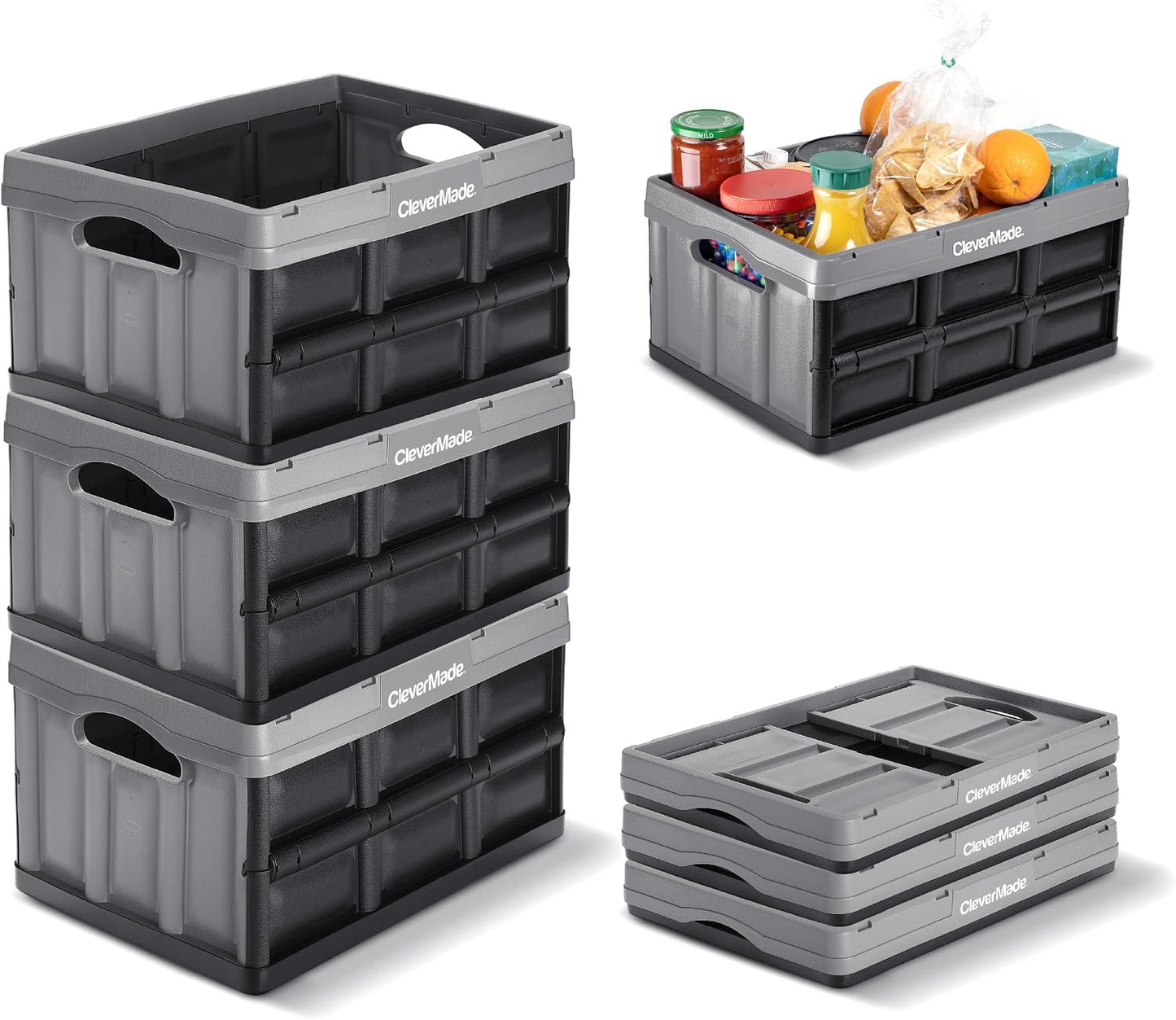CleverMade Collapsible Storage Bins, 32L 3 Pack, Durable Plastic, Stone | Built-in handles simplify garage, car and household organization, while the roomy open-top keeps bulky supplies accessible