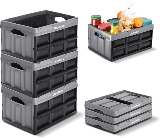 CleverMade Collapsible Storage Bins, 32L 3 Pack, Durable Plastic, Stone | Built-in handles simplify garage, car and household organization, while the roomy open-top keeps bulky supplies accessible