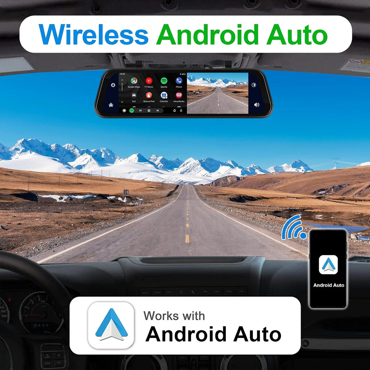 2.5K Rear View Mirror Dash Cam Backup Camera,in-Mirror Smart 9.66 Inch IPS Touch Screen Front&Rear Mirror Camera,Car Players Wireless CarPlay&Android Auto for Cars Trucks,Parking Monitoring,64GB Card