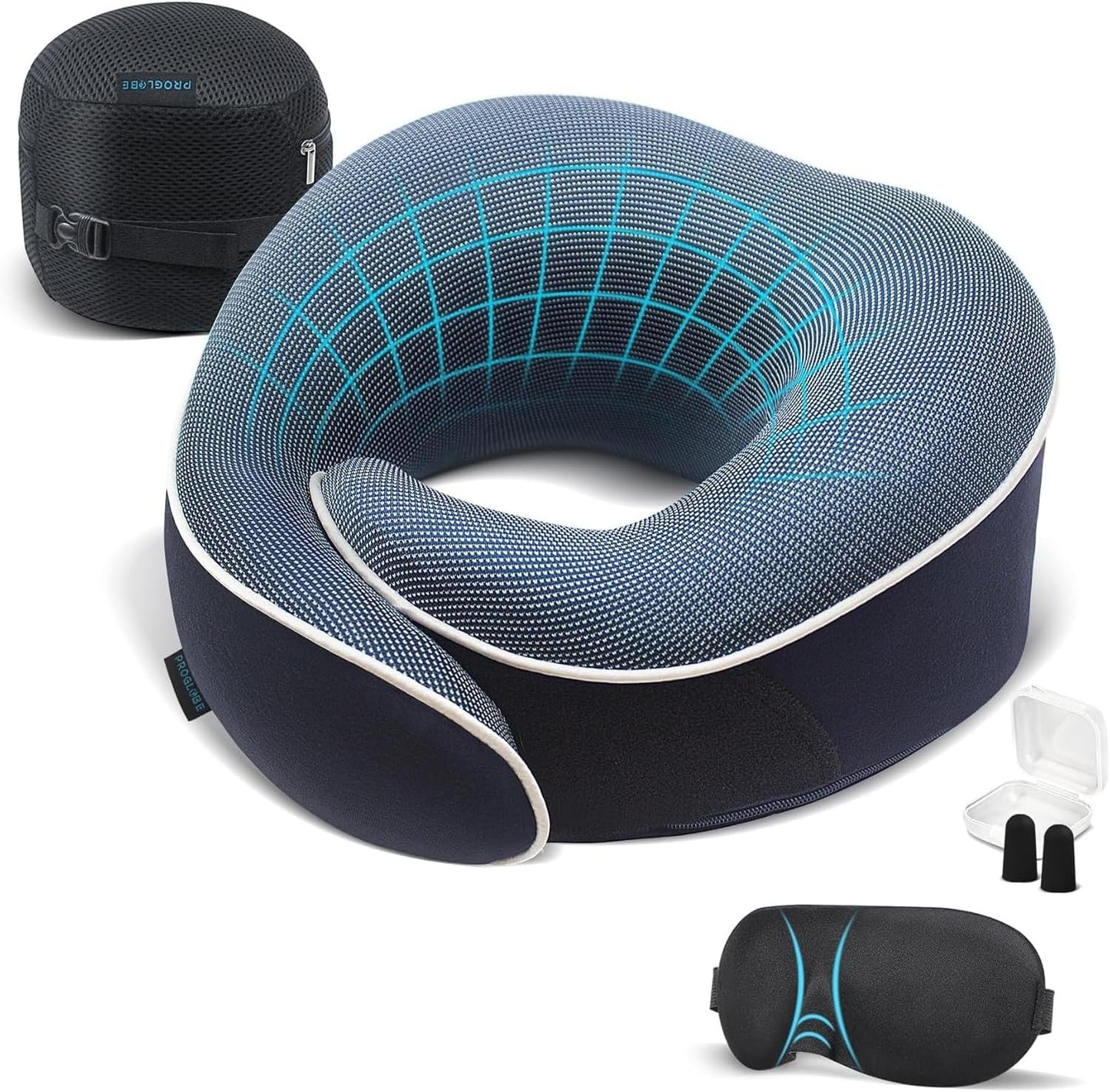 Proglobe Orthopedic Neck Pillow Travel Neck Pillows for Airplanes, Memory Foam Kit, Updated Resting Material, Airplane Travel Set with 3D Contoured Eye Masks, Earplugs, and Luxury Mesh Bag (Blue)
