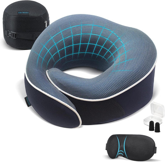 Proglobe Orthopedic Neck Pillow Travel Neck Pillows for Airplanes, Memory Foam Kit, Updated Resting Material, Airplane Travel Set with 3D Contoured Eye Masks, Earplugs, and Luxury Mesh Bag (Blue)