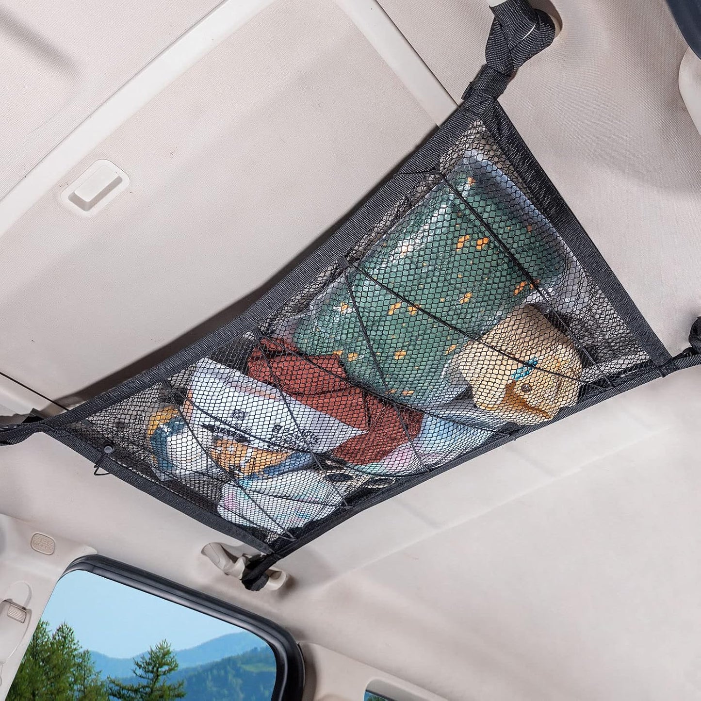 Car Ceiling Cargo Net, 31"x21" Adjustable Double-Layer Mesh SUV Roof Organizer, Van Life Accessories for Long Trip, Car Camping Essentials, Road Trip Must-Haves for Overhead Storage
