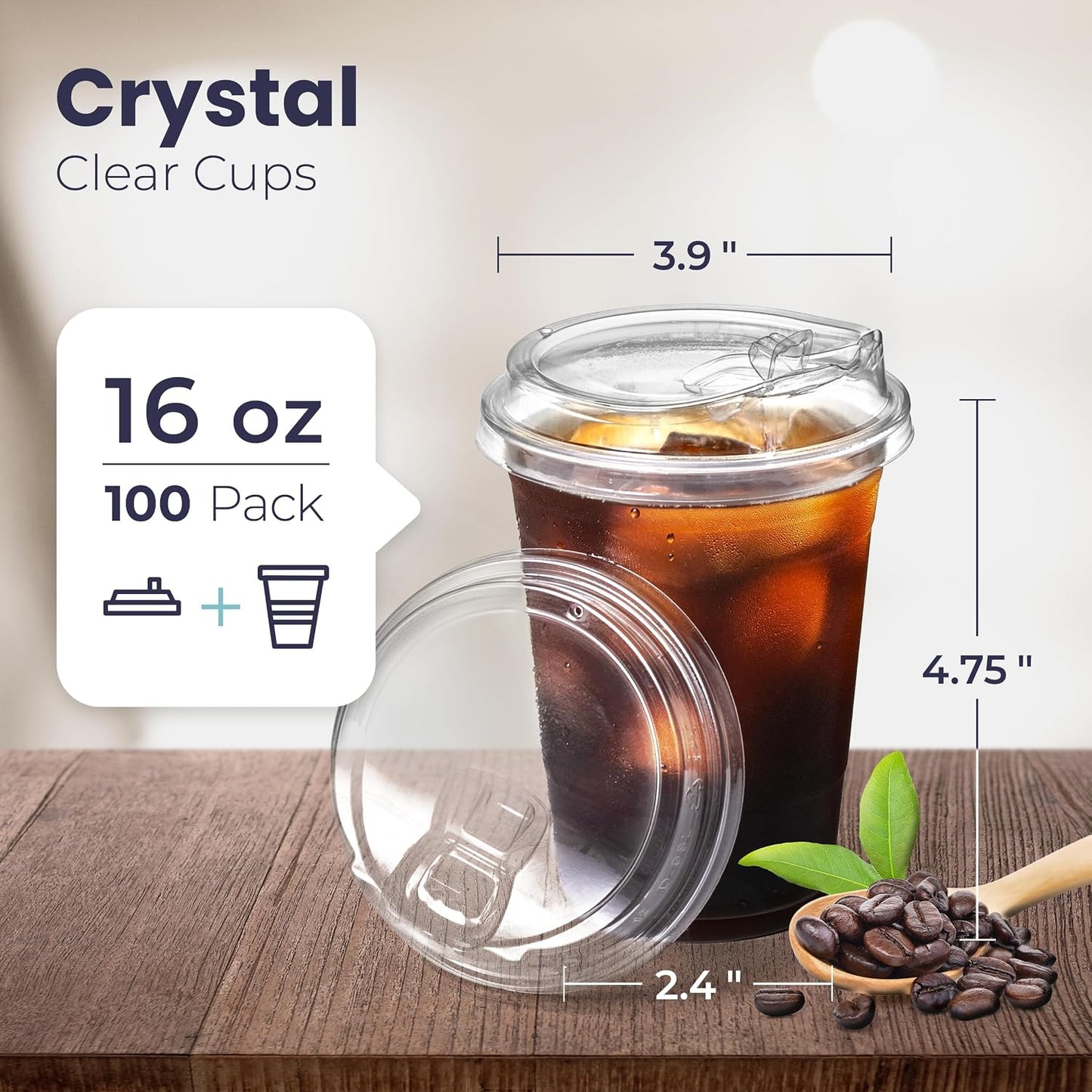 Fit Meal Prep 100 Pack 16 oz Clear Plastic Cups With Strawless Sip Lids, Disposable To Go Cups for Iced Coffee, Smoothies, Soda, Party Drinks, Bubble Tea, Cold Beverage
