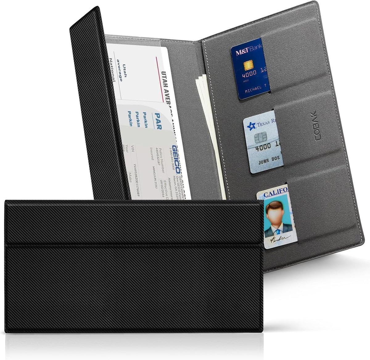 CoBak Leather Car Registration and Insurance Holder with Magnetic Compartment - Vehicle Glove Box Organizer for Driver License, Cards, Emergency Cash - Auto Truck Accessories Case, Carbon Fiber Black