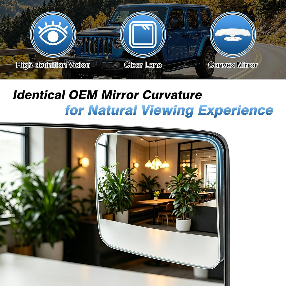 TOP-MAX Convex Stick On Blind Spot Mirrors for Jeep Wrangler 2018-2024 & Gladiator 2020-2023, Custom Fitted Wide-Angle Side Mirrors, HD Glass Design for Enhanced Visibility (Left & Right)