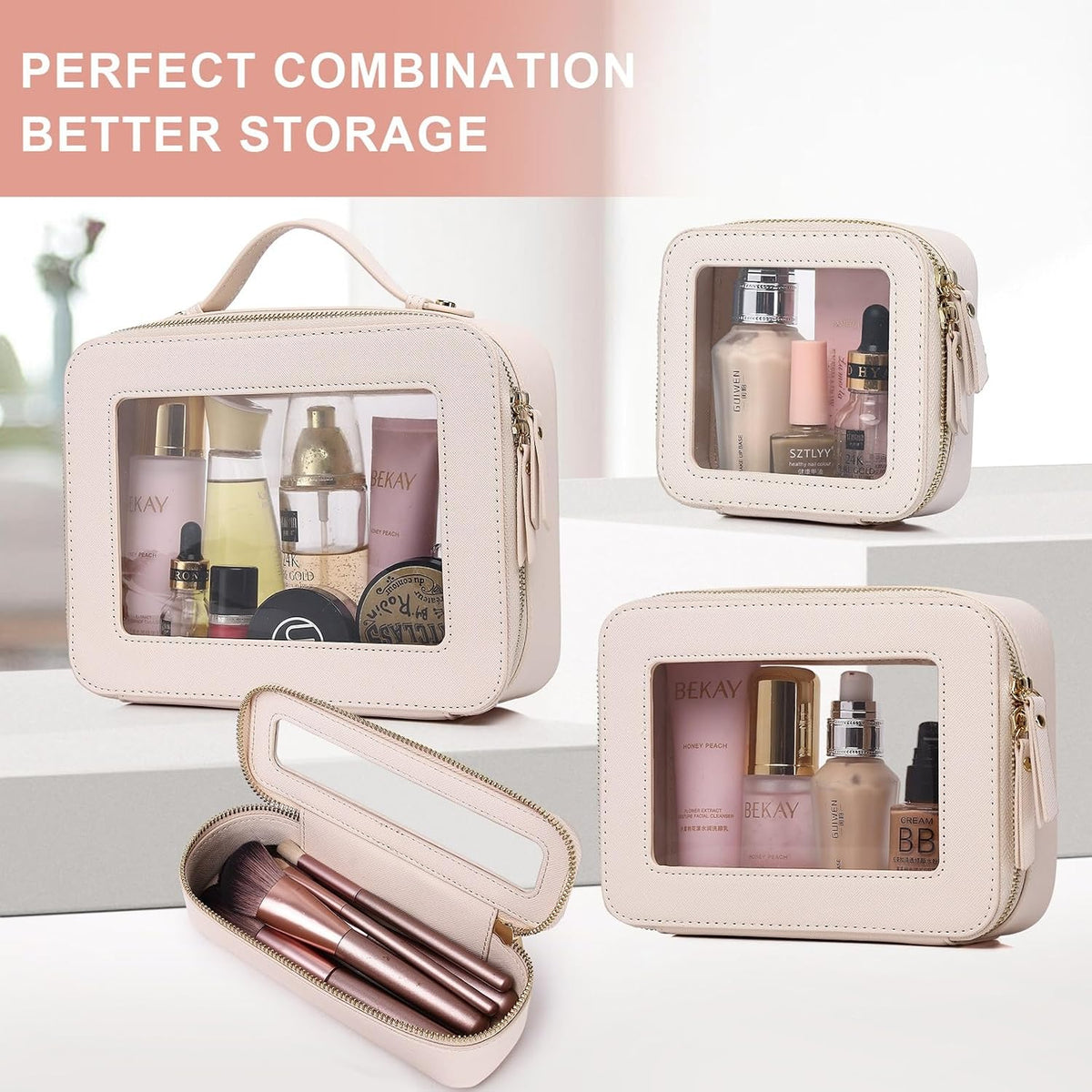 Pinkmik Clear Makeup Bag, (Beige, L)