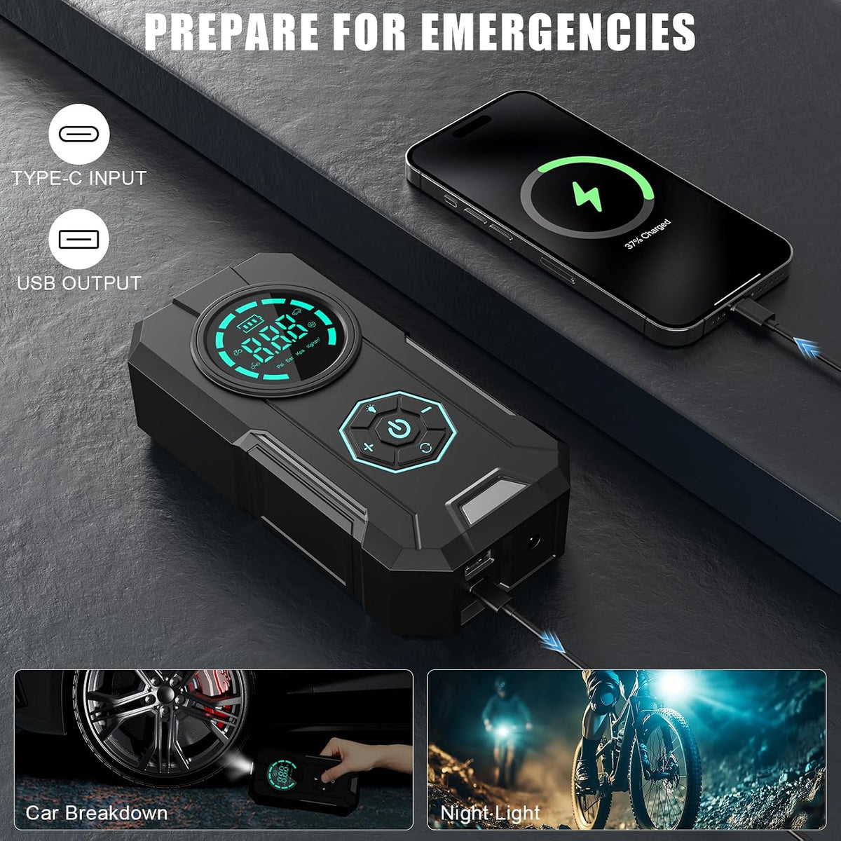 Portable Tire Inflator Air Compressor, 5X Faster 150PSI Cordless Air Pump with 25000mAh Battery Power Bank, Digital Gauge Auto Shutoff LED Light for Car Tires Bike Motorcycle Balls Roadside Emergency