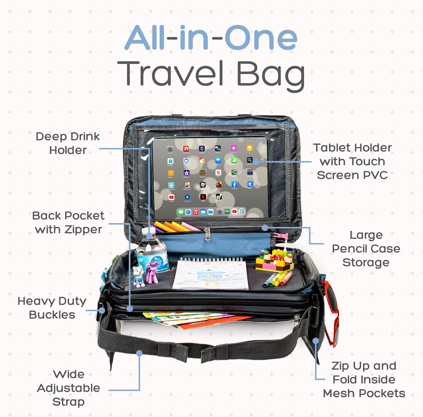 BE Family Travel Kids Car Seat Travel Organizer, Car Accessories for Children, Car Seat Snack Tray, Traveling Essentials for Kids, Toddler Lap Tray for Engaging Activities, Multipurpose Design, Blue