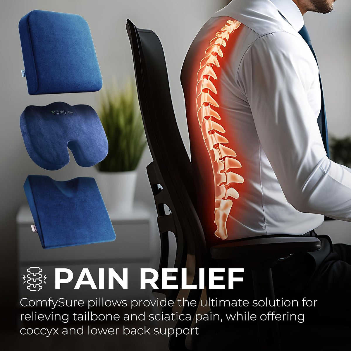 ComfySure Wedge Pillow for Office Chair Cushion and Car Seat Cushion - Medium Firm Memory Foam Seat Pad for Truck Seat, Gaming Chair - Orthopedic Support and Pain Relief for Tailbone and Hip