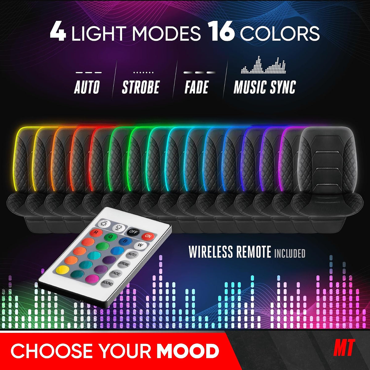 Motor Trend RGB LED Car Seat Protector with Remote — Color-Changing Front Seat Cover, 4 Modes (Music Sync, Pulse, Fade, Static), Universal Fit, Faux Leather Trim, Waterproof & Easy Install