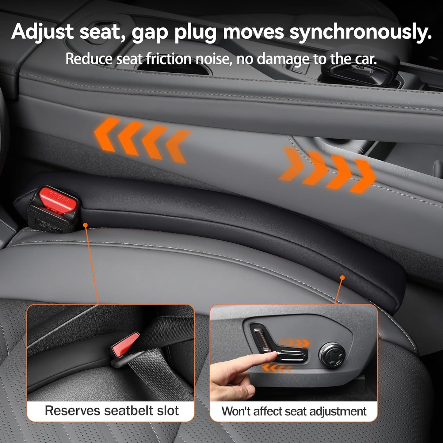 Car Seat Gap Filler 2 Pack, Faux Leather Strip/Plug Console Blockers for Cars, Trucks, SUVs, Adjustable Width 1.4–2.4 Inch, Universal Fit Prevents Items Falling Between Seats