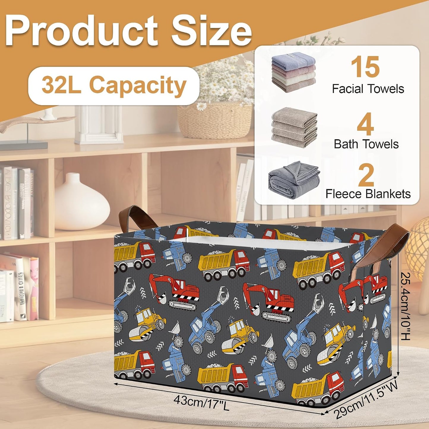 Storage Bins with Handles, Oxford Cloth Storage Basket with Sturdy Frame, Excavator Car Collapsible Organizer for Closet, Shelf, Clothes, Towels, Home Storage