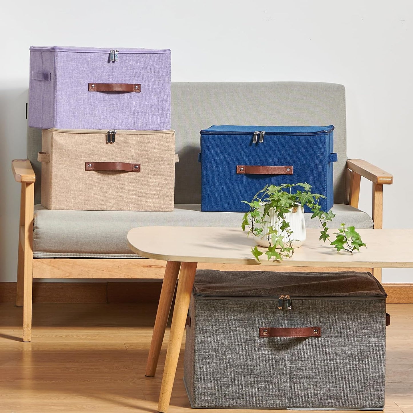 Storage Bins with Zipper Lid Cotton Linen Fabric Lidded Storage Baskets Boxes Foldable Washable Closet Shelf Clothes Organizer Container with PU Leather Handles (Teal Blue, Large)