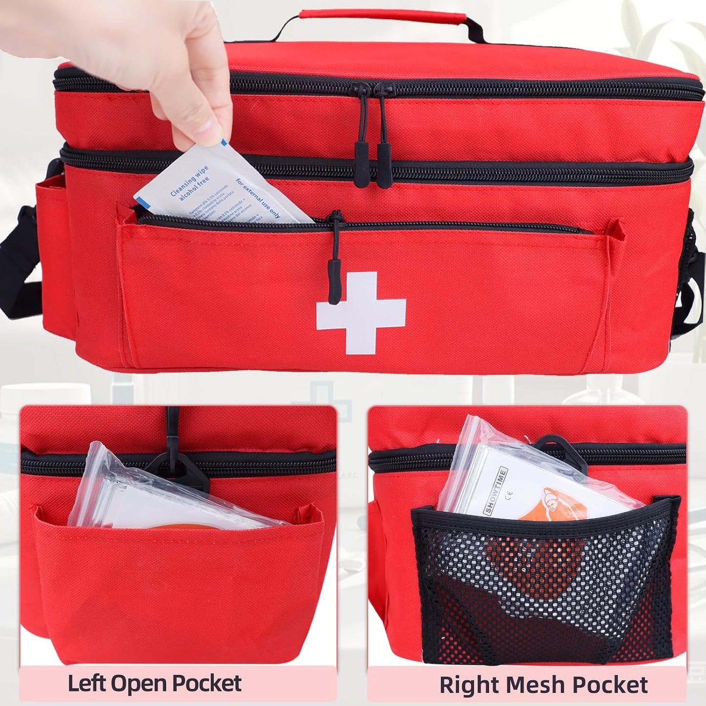 ALSLEA First Aid Bag Empty Large 2 Layer Medical Bag with Shoulder Strap 16”x 9½” x 7” Medicine Organizer Box Travel First Aid kit Emergency Supplies Storage Bag for Car, Home, Office, Outdoor (Red)