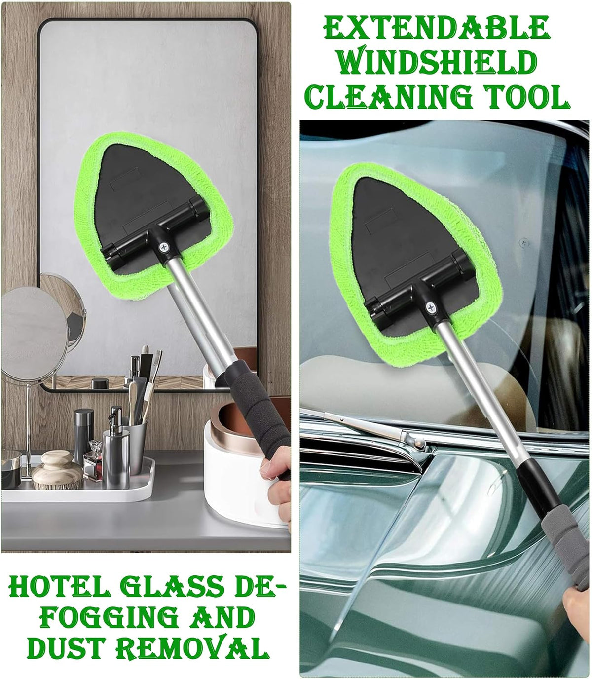 Car Windshield Cleaner Tool with Reusable Pads Extendable Handle(Green)