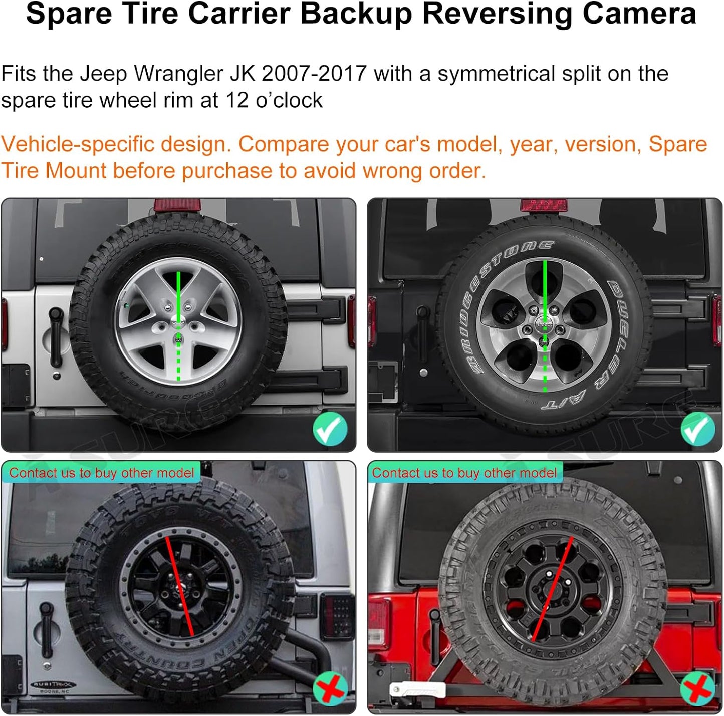 ASURE Spare Tire Mount Backup Camera for Jeep Wrangler JK 2007-2017 1080P | Starlight Night Vision, 170° Wide Angle, IP68 Waterproof, Rugged Off-Road Ready, RCA Connection, Easy Spare Tire Installation