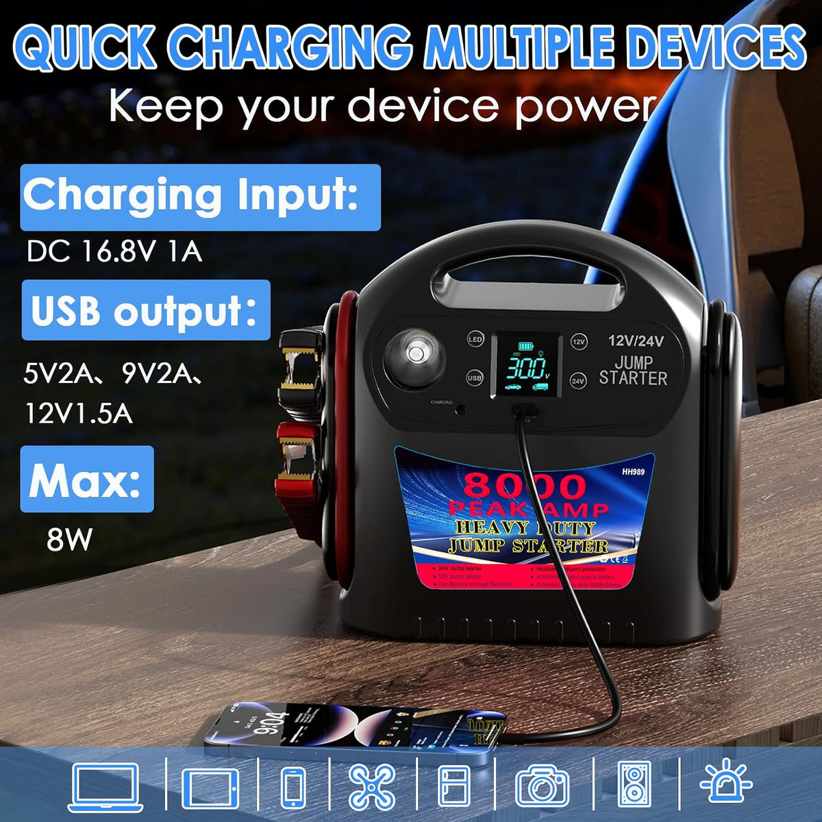 8000A 12V/24V Jump Starter for Large Gas & Diesel Engines, Heavy-Duty Portable Battery Booster Pack for Trucks, RVs & Commercial Vehicles with Force Start, Digital Display, LED Light & USB Charging