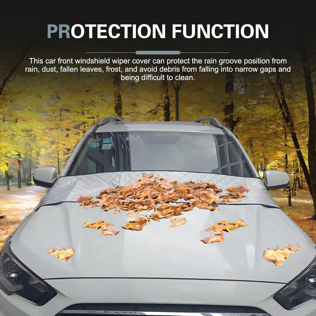 Car Front Windshield Rain Trough Protection Cover, 66.9" x 17.7" Multifunctional Windshield Cover, Sunscreen/Snow Protection/Leaf Protection, Four-Season Universal Protective Covers(Silver)