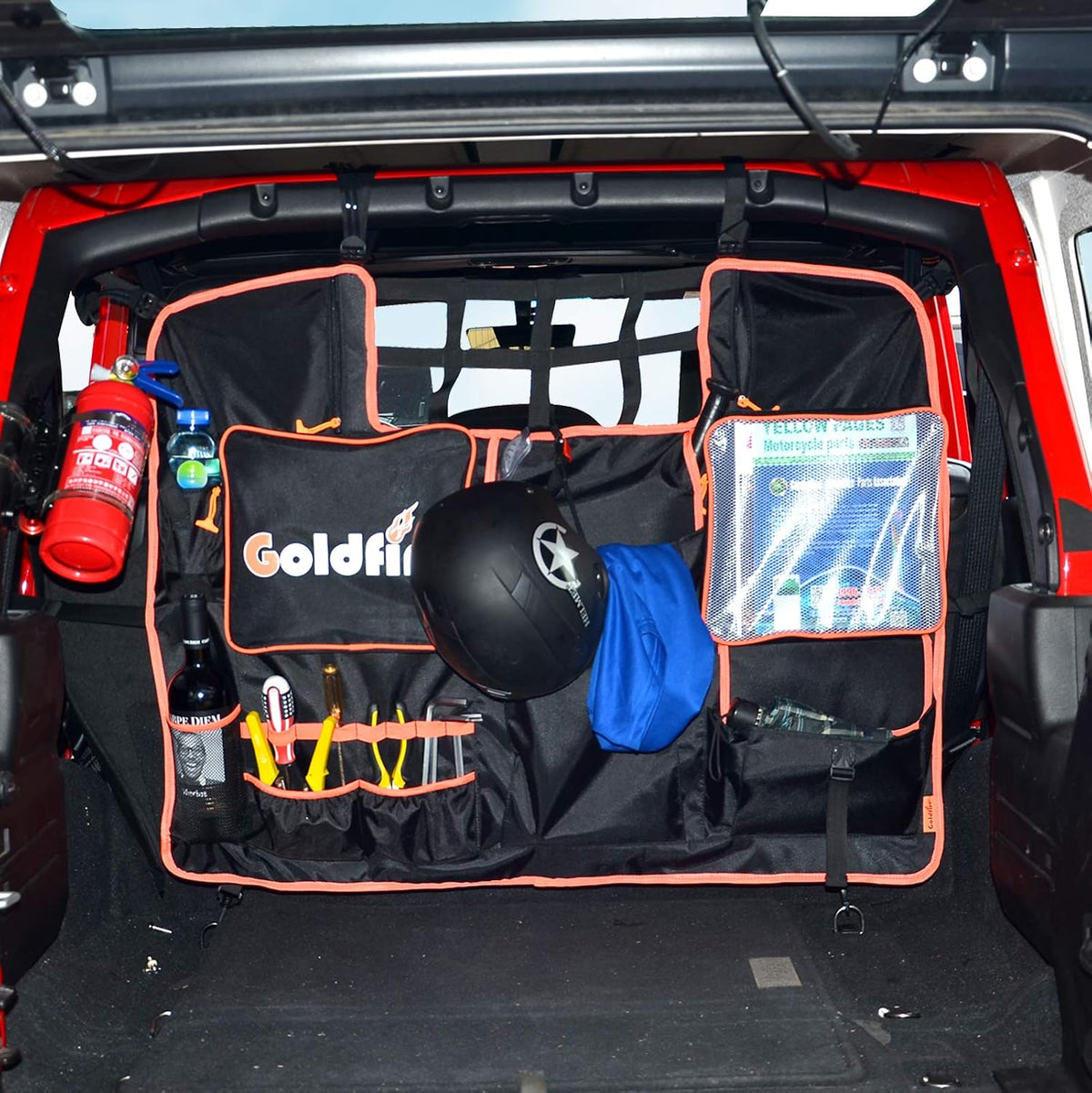 Goldfire Rear Seat Tool Organizers Cargo Net for Wrangler Storage Bag Trunk Cargo Holder Backseat Soft-Shell Carrier Car Pet Dog Barrier Divider Fits for Jeep JK JL 2007-2026 (Black,4 Doors Models)