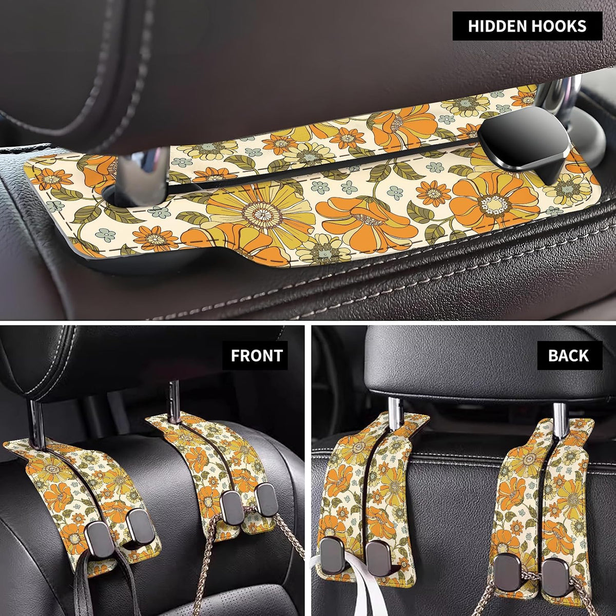 Car Seat Back Storage Headrest Hook, Premium Leather Double Metal Hook, Hanger Storage Organizer for Purse Cloth Bag, Car Interior Accessories Boho Orange Flowers