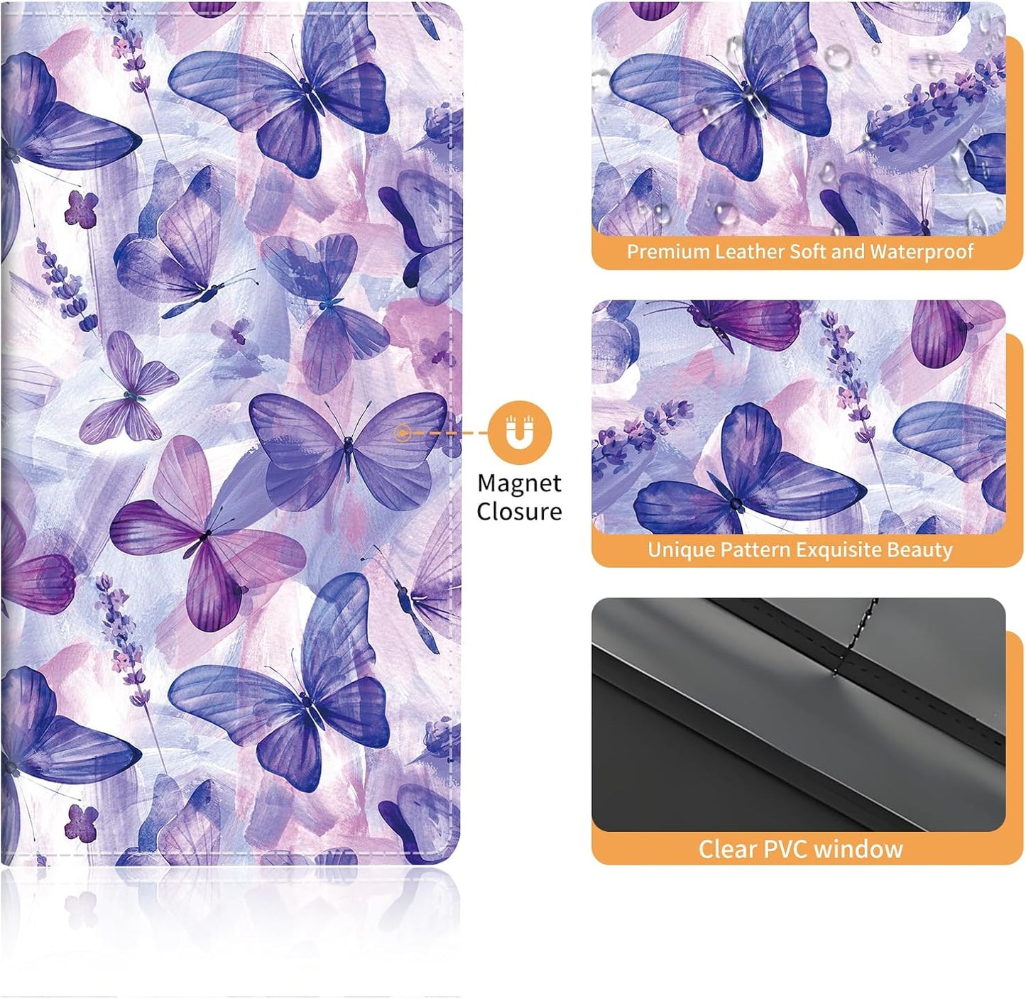 Premium Leather Car Registration and Insurance Card Holder with Magnetic Shut, Cute Vehicle License Document Glove Box Compartment Organizer Cool Car Accessories Blue Purple Butterfly