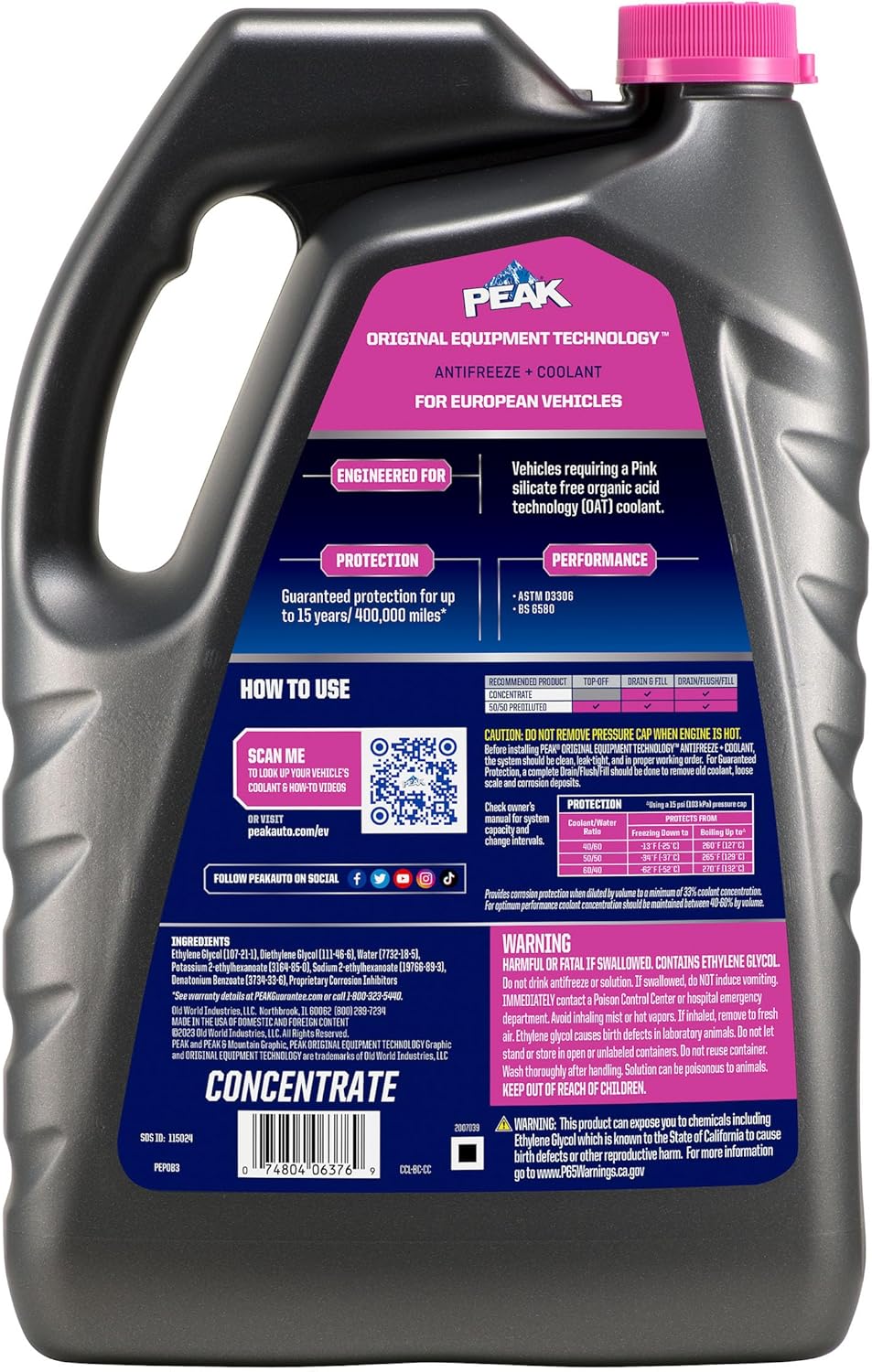 PEAK OET Extended Life Pink Concentrate Antifreeze/Coolant for European Vehicles, 1 Gal.