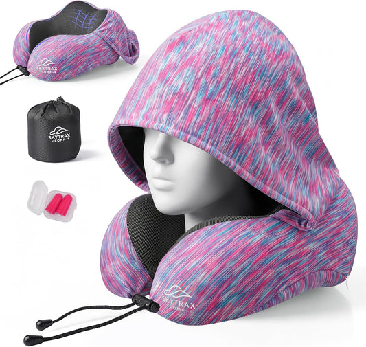 SkytraxComf® Travel Neck Pillow with Hood for Privacy on Long Flights | Memory Foam | Airplane Sleep | Safety-Tested Materials | Extra Large Hood | Chin Support | Earplugs | Washable Cover