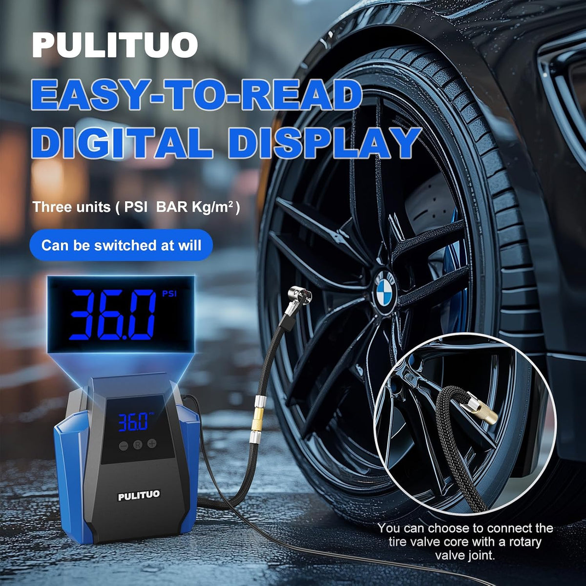 PULITUO 12V DC Tire Inflator - Portable Air Compressor 35L/min, 150 PSI Car Tire Pump with Auto Shut Off, Digital Pressure Gauge and LED Light, Blue