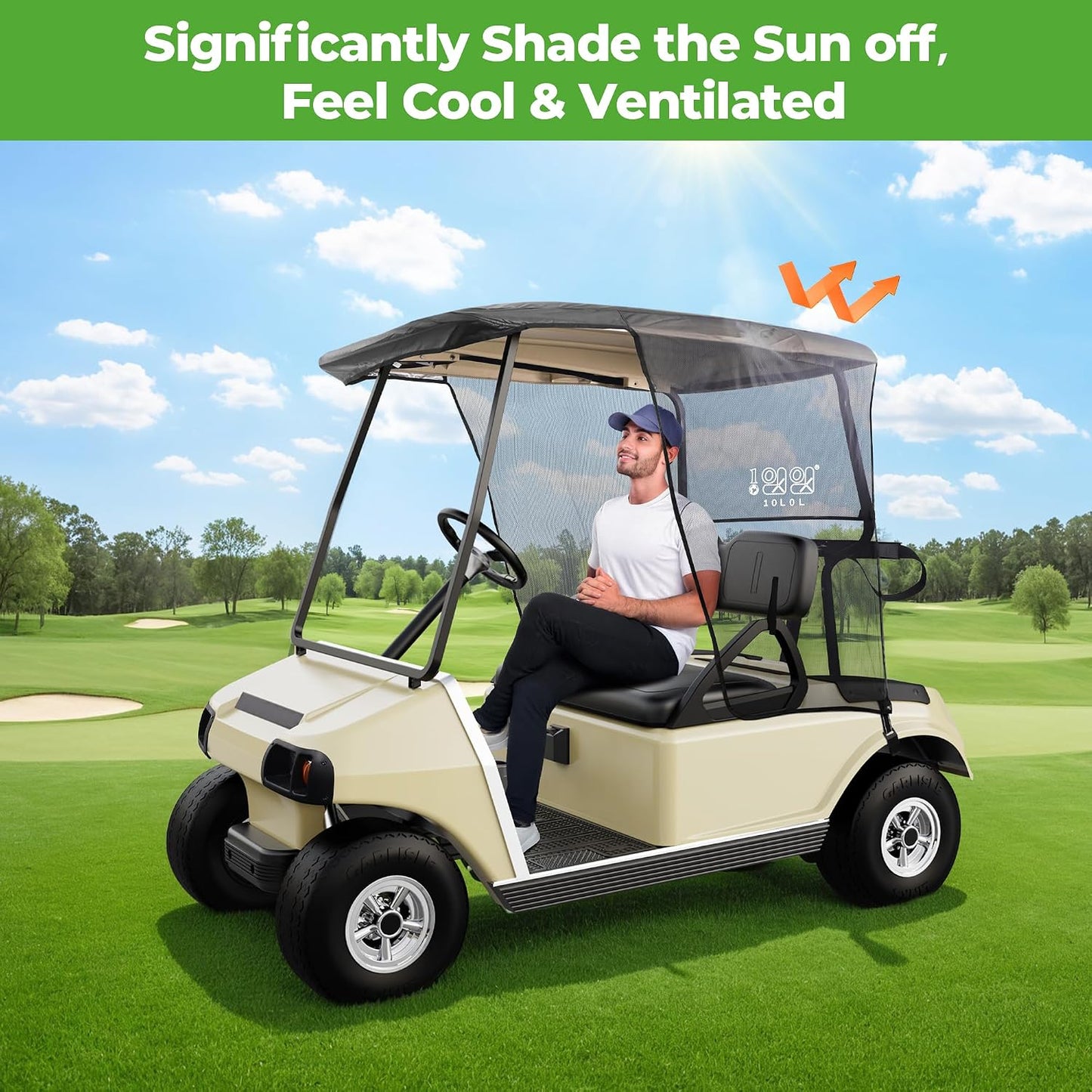 10L0L 2 Passenger Golf Cart Sun Shade Cover for EZGO TXT RXV & Club Car DS Precedent Tempo, UV Heat Blocking Polyester Mesh Canopy Cover, Durable & Easy Install (Roof Size:59" L X 41" W)