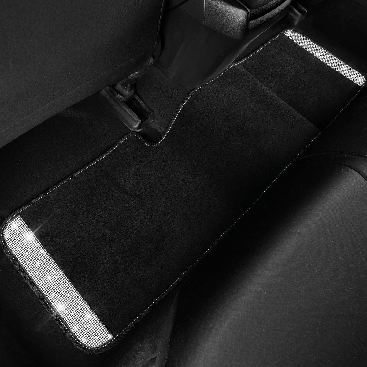 CAR PASS 3 Row Bling Diamond Car Mats Shining Carpet Rhinestones Sparkly Glitter Floor Mats Anti-Slip PVC Heel Pad Universal for Automotive SUV,Sedan,Van, 3rd Row 2 Rear for Girl Women, Black Silver