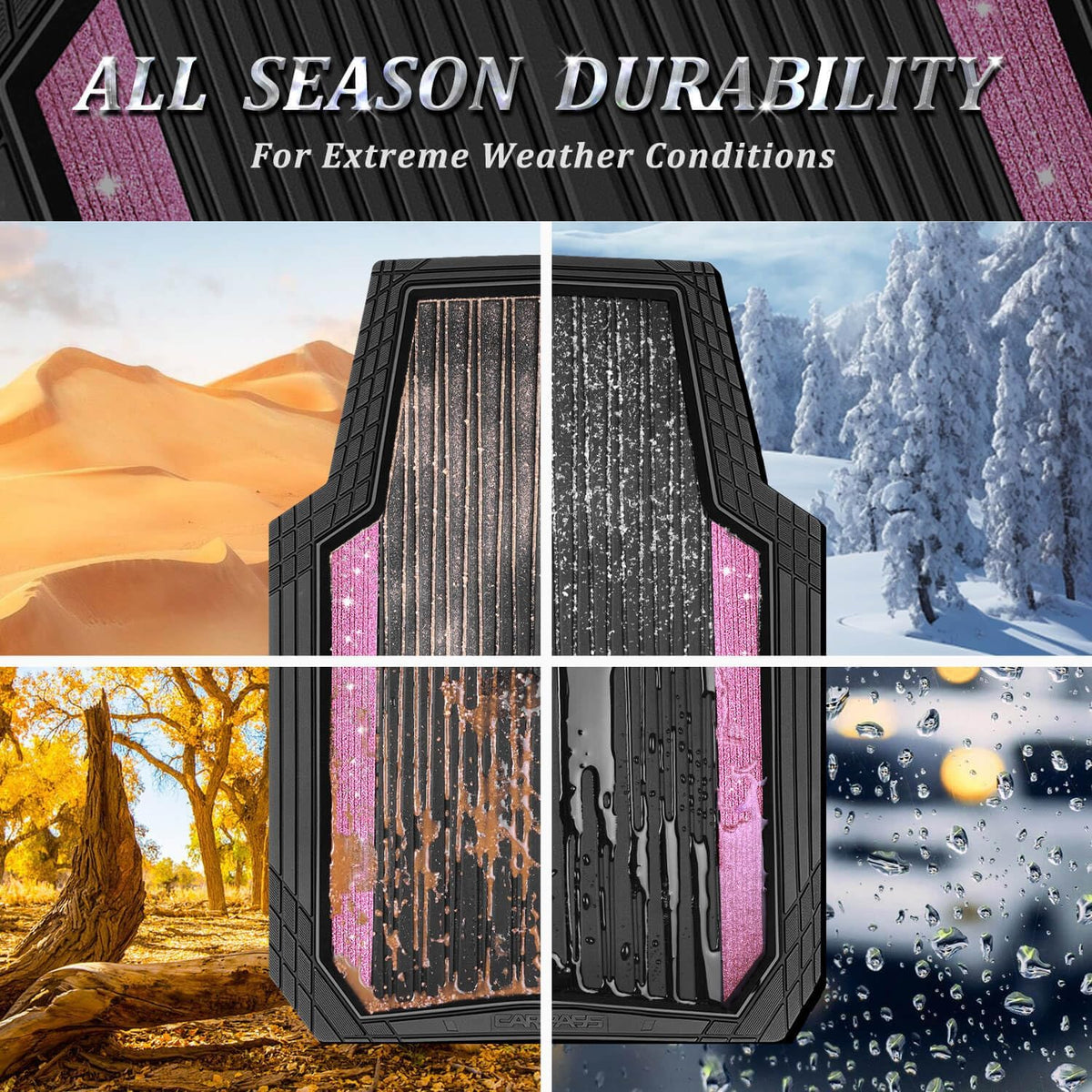 CAR PASS Bling Glitter Car Floor Mats Heavy Rubber Water Proof, Black Pink