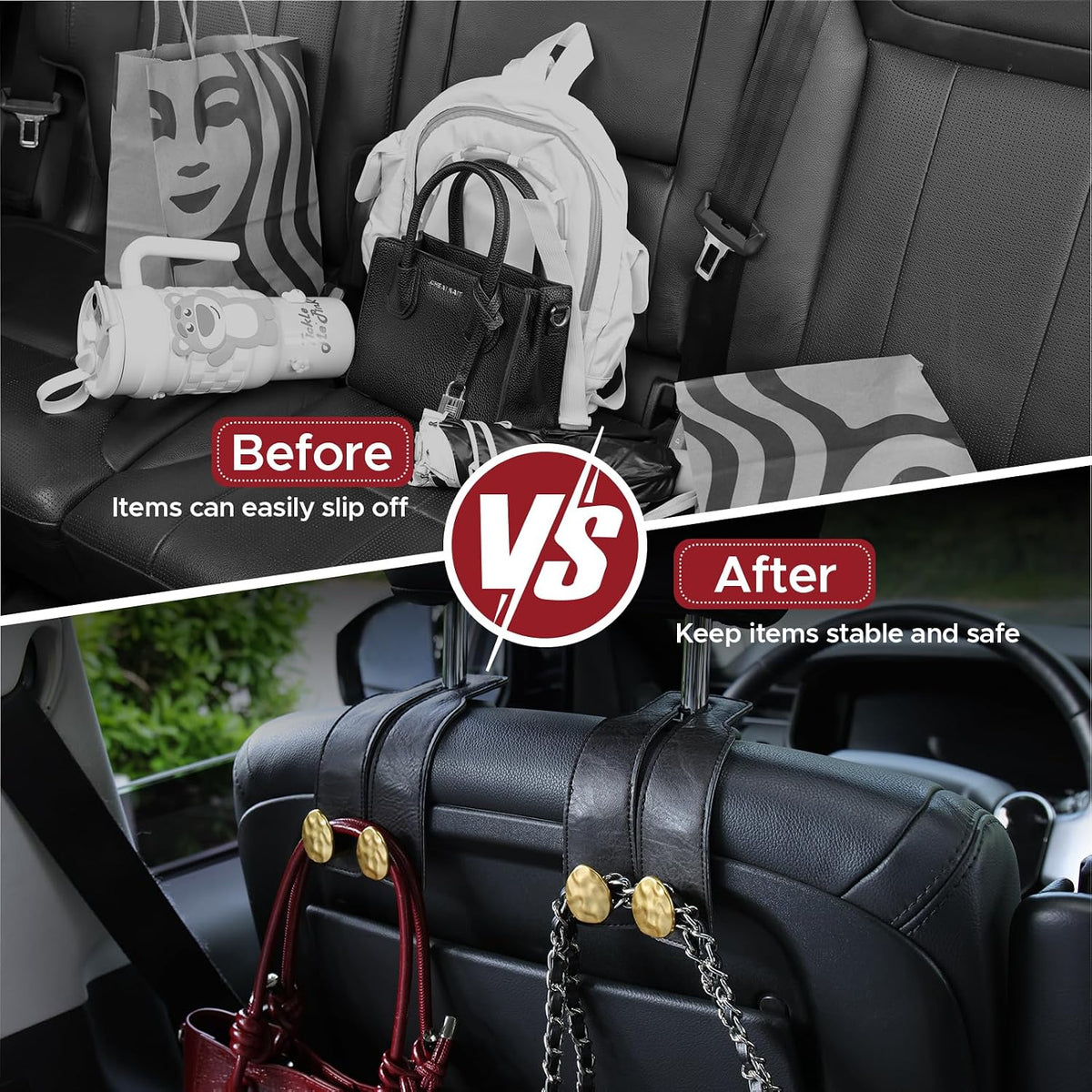 Leather Car Purse Hook for Headrest, 2 Pack, Black-Gold