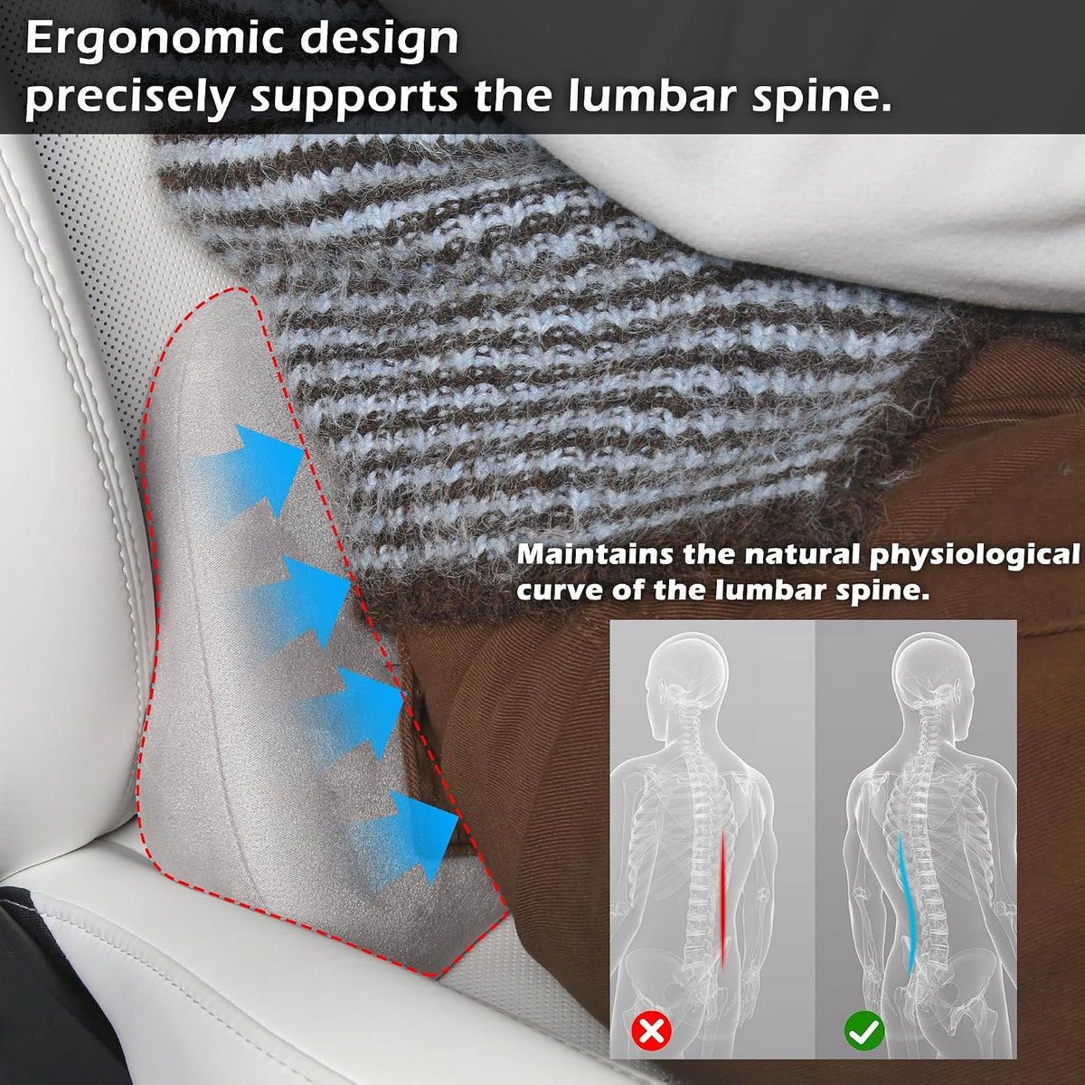 Lumbar Support Pillow for Car Lower Back Cushion, Gray, 2 Packs