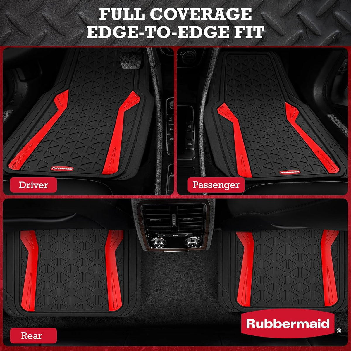 Rubbermaid Car Floor Mats Full Set,Premium Heavy Duty All-Weather Car Mats– Rugged Rubber with Brushed Aluminum Inserts, Universal Trim-to-Fit, Anti-Slip Backing for Cars, SUVs, Trucks & Vans - Red