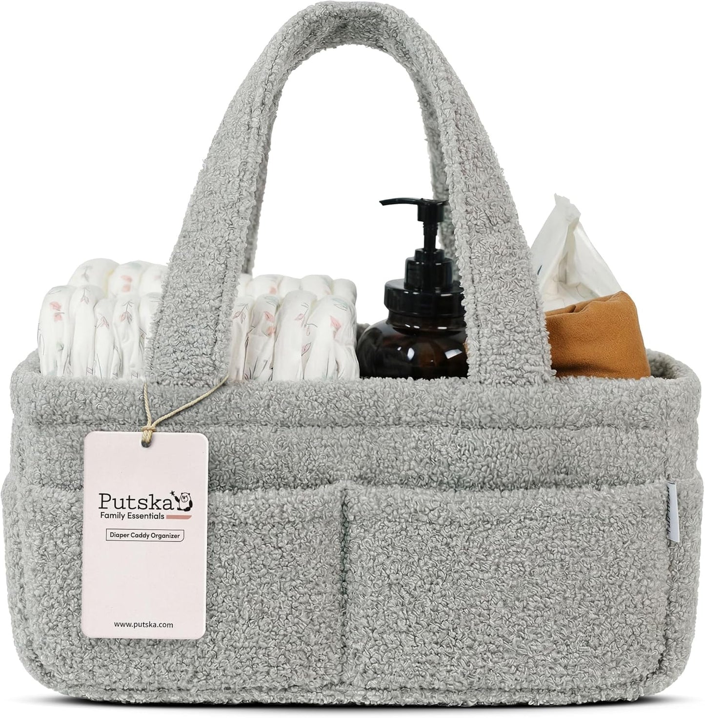 PUTSKA Baby Diaper Caddy Organizer for Changing Table – Stylish Nursery Storage Basket, Newborn Essentials, Baby Shower Gifts and Registry Must-Haves for Boy or Girl, Car Diaper Caddy, Fleece Grey