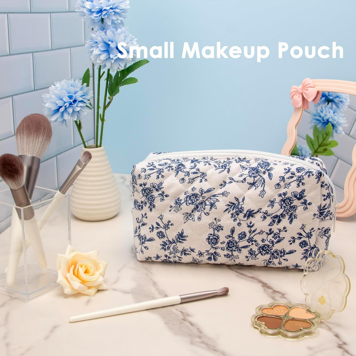 PAZIMIIK Small Quilted Makeup Bag,Zipper Cosmetic Pouch,Jouy Blue,2 Pack
