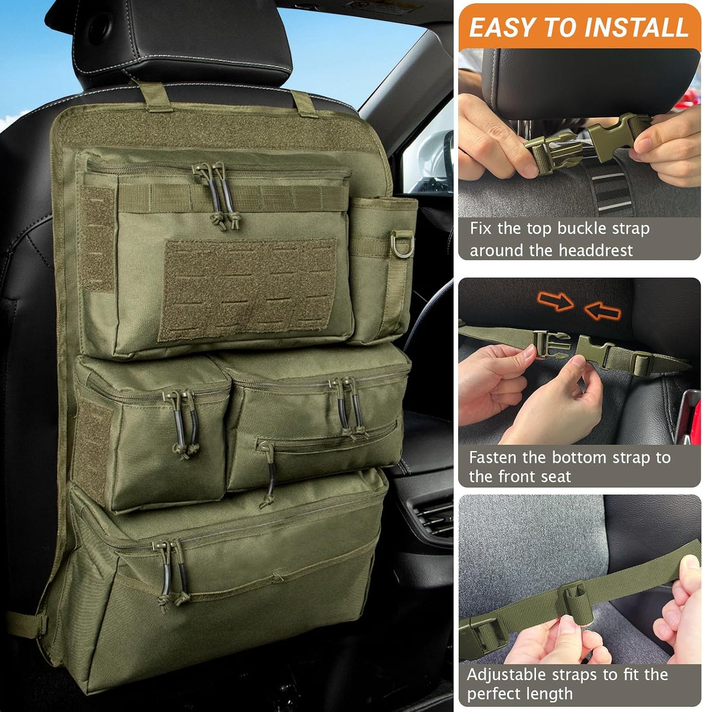 Tactical Seat Back Organizer Heavy Duty MOLLE Panel Organizer with Multiple Pockets & Hook Loop Panel for Road Trip Essentials, Universal Fit for Car SUV Truck Jeep (Army Green)