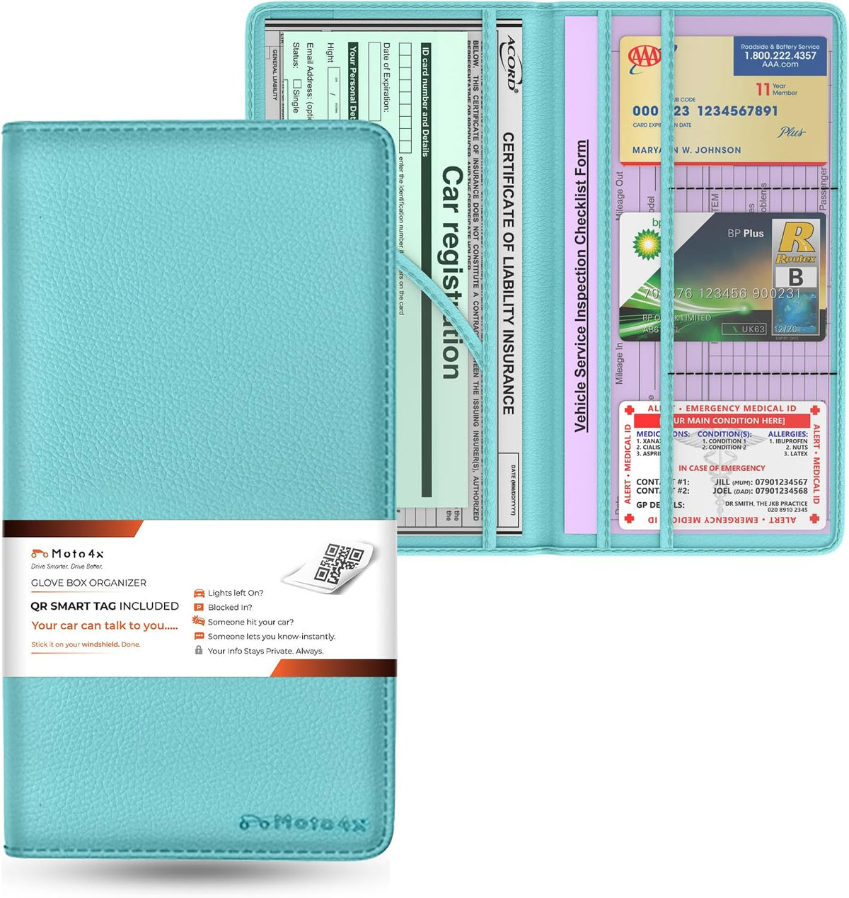 Car Document Holder, Mist Blue Premium PU Leather Glove Box Card Folder