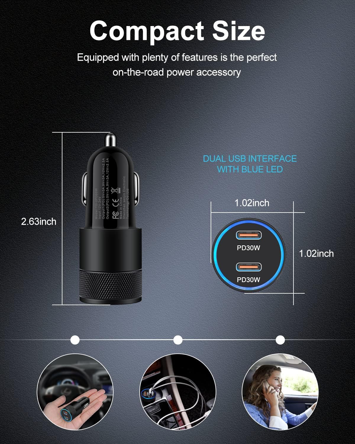 60W USB C Car Charger, 2Pack USB C Cigarette Lighter Adapter Fast Charging