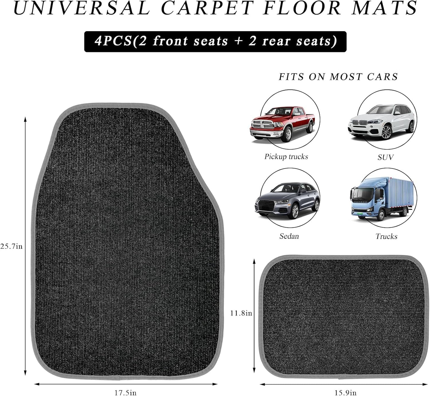 4PCS Car Floor Mats, Anti-Slip Waterproof Car Carpets with Safety Heel Pad, Heavy Duty Floor Mat for All Weather Protection, Universal Trim to Fit for Sedans Trucks SUVs (Black & Gray)