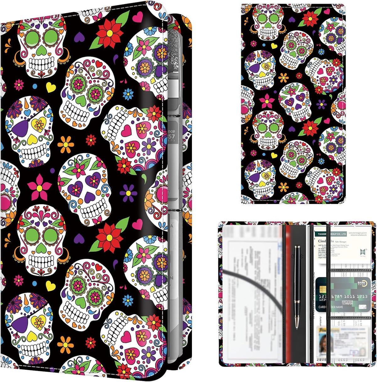 Premium Car Registration and Insurance Card Holder, Cute PU Leather Car Document Holder, Vehicle Glove Box Car Organizer with Magnetic Closure for Driver License, Cards Floral Skull