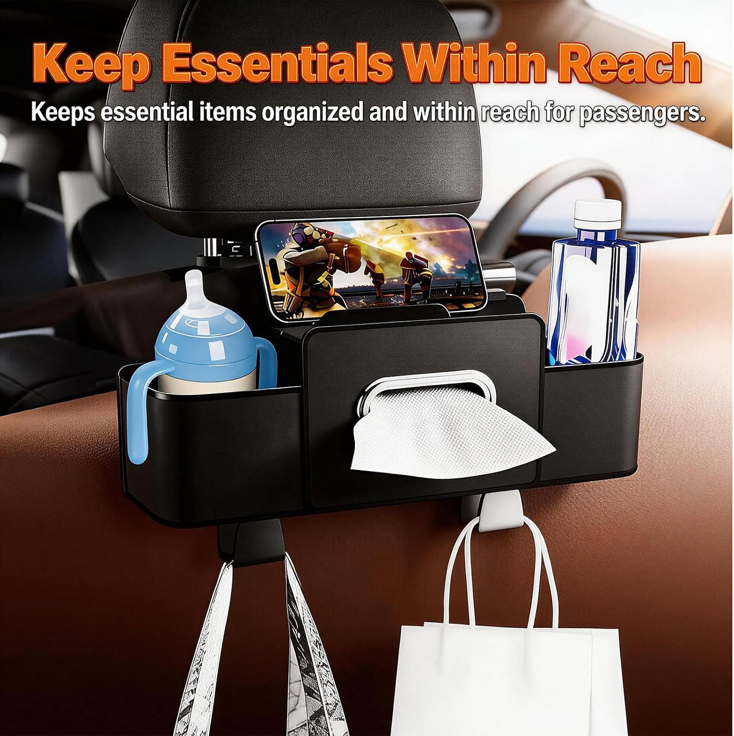 Car Organizer and Storage Box, Multifunctional Car Organizer Back Seat, Large Capacity Car Organizers and Storage Box for Phone, Drinks, Handbag, Travel Use, Compatible with Most Vehicles (Black)