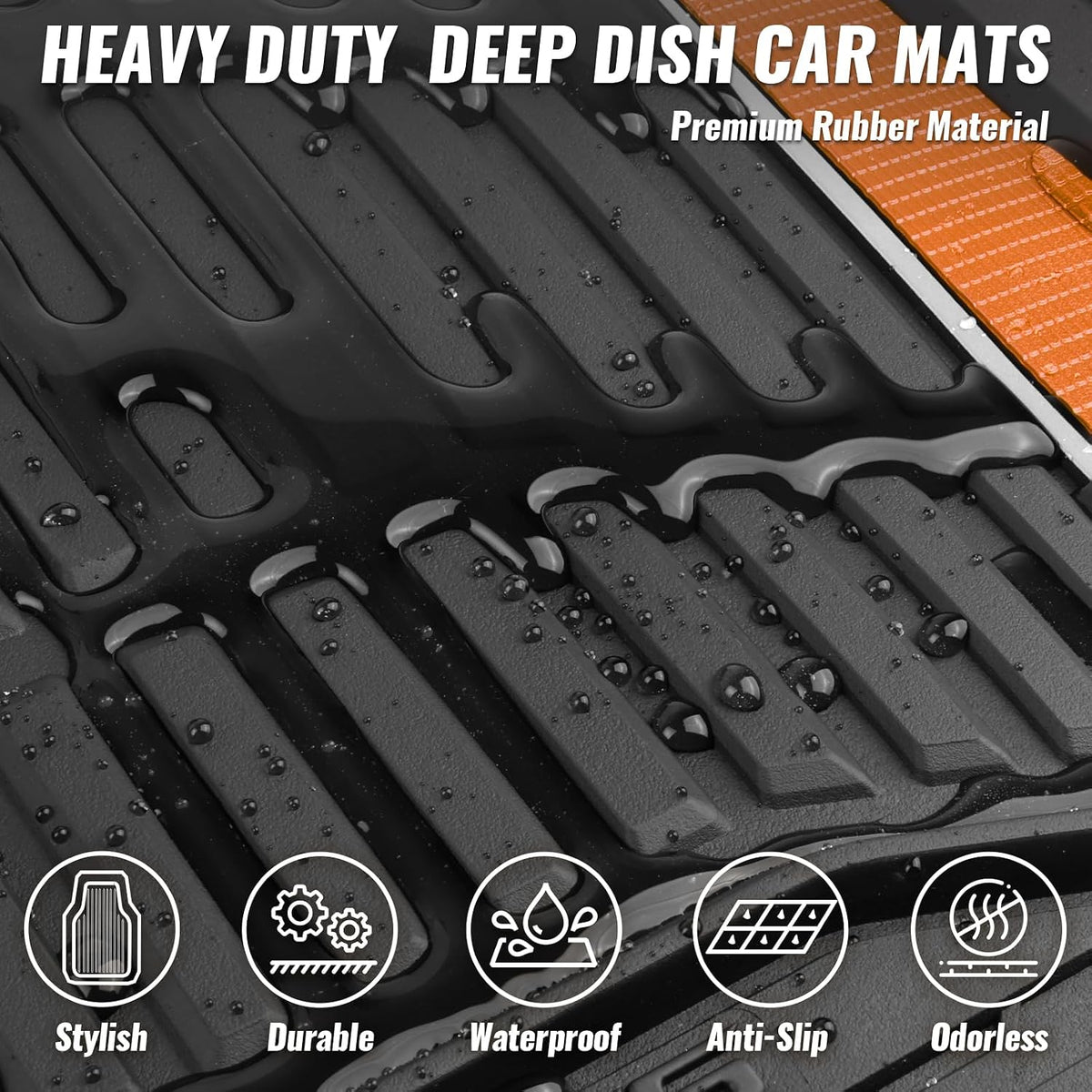 CAR PASS Heavy Duty Rubber Car Floor Mats, Deep Waterproof Car Floor Mats All Weather, Aluminum Film Floor Mats for Cars Non-Slip Universal Trim Fit for SUVs Trucks Sedans Vans, Black Orange Metallic