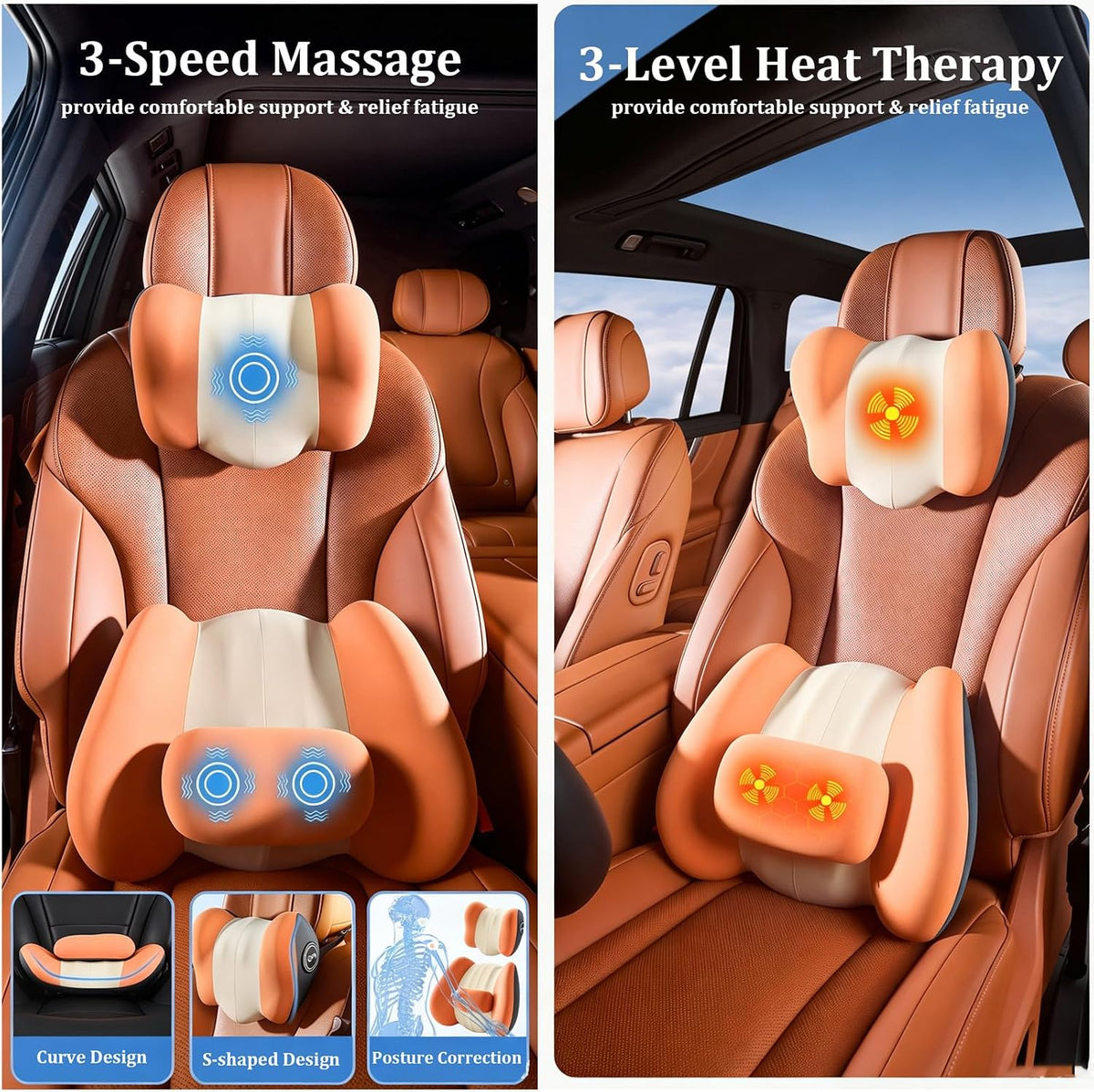 Headrest Pillow with Heat and Vibration Massage for Car Seats Office Chairs