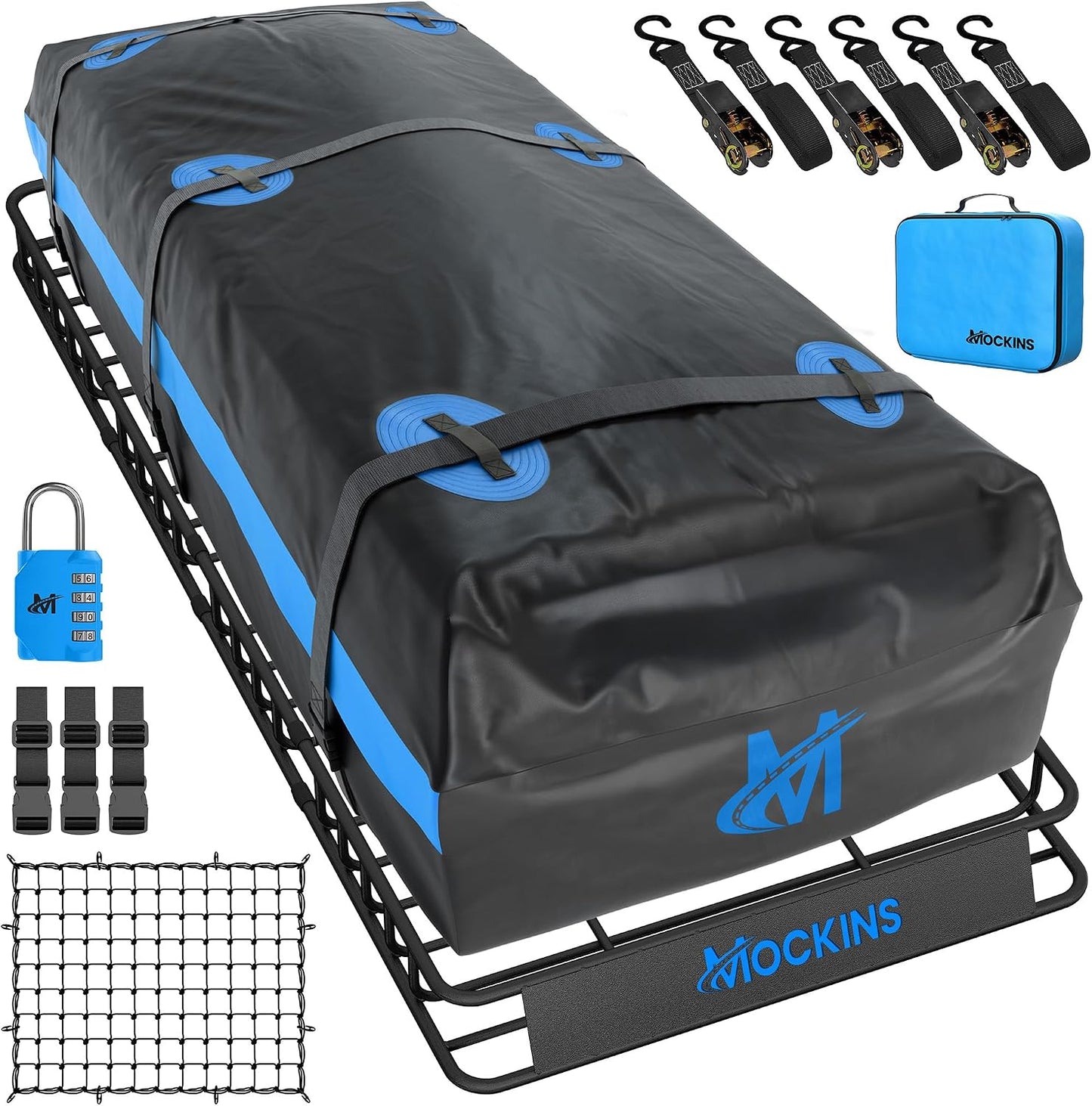 Mockins 84"x39"x6" XL Extendable Roof Rack Cargo Carrier & 35 CuFt Waterproof Cargo Bag for Top of Car | 3 Length Sizes: 40", 63", 84" Luggage Rack for SUV Car & Truck with Roof Basket Accessories