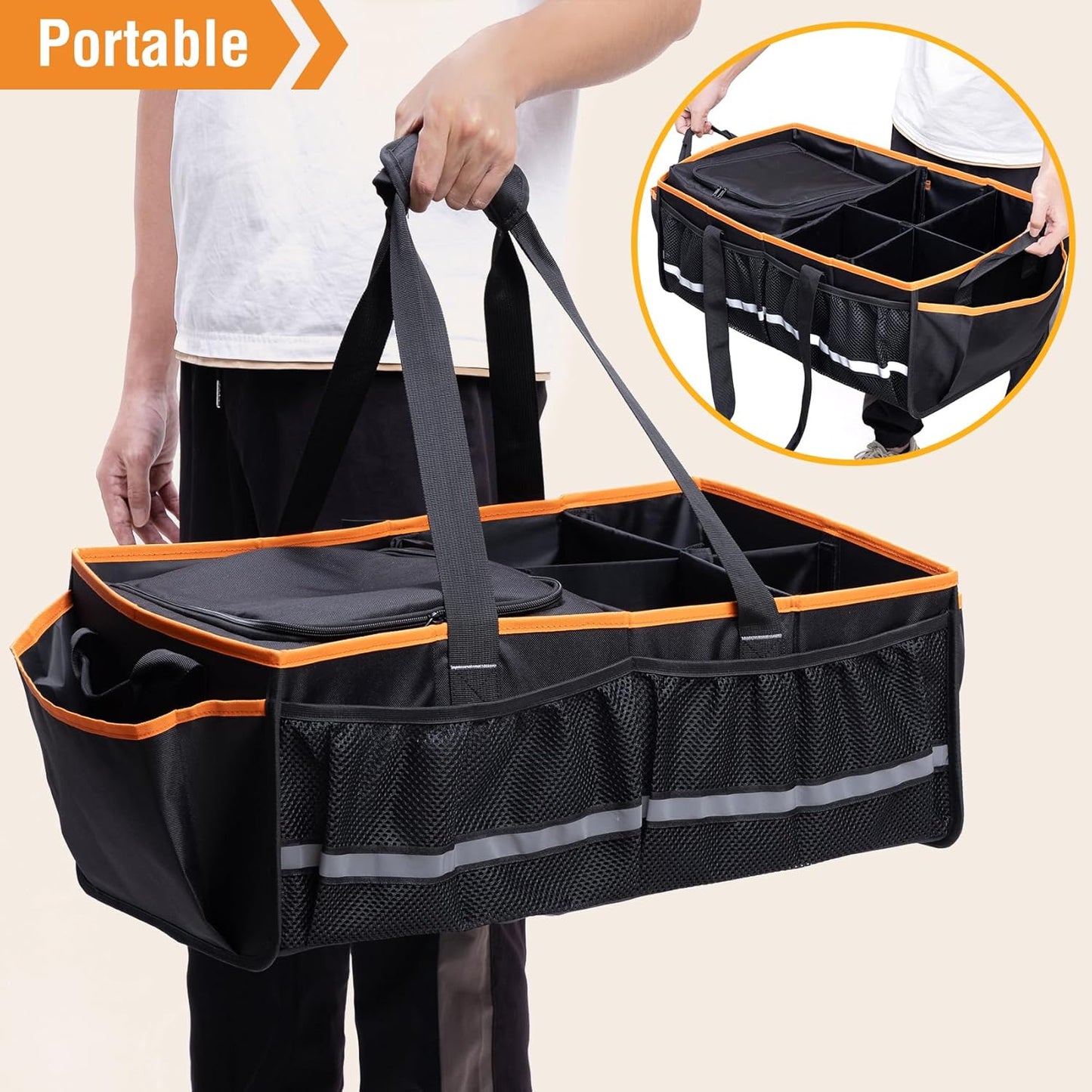 Rifachua Car Front Trunk Organizer with Cooler Bag Compatible with Tesla Model Y Model 3 2020-2026, Foldable Grocery Frunk Storage Bag Collapsible for Car SUV with Multi Compartment，Black