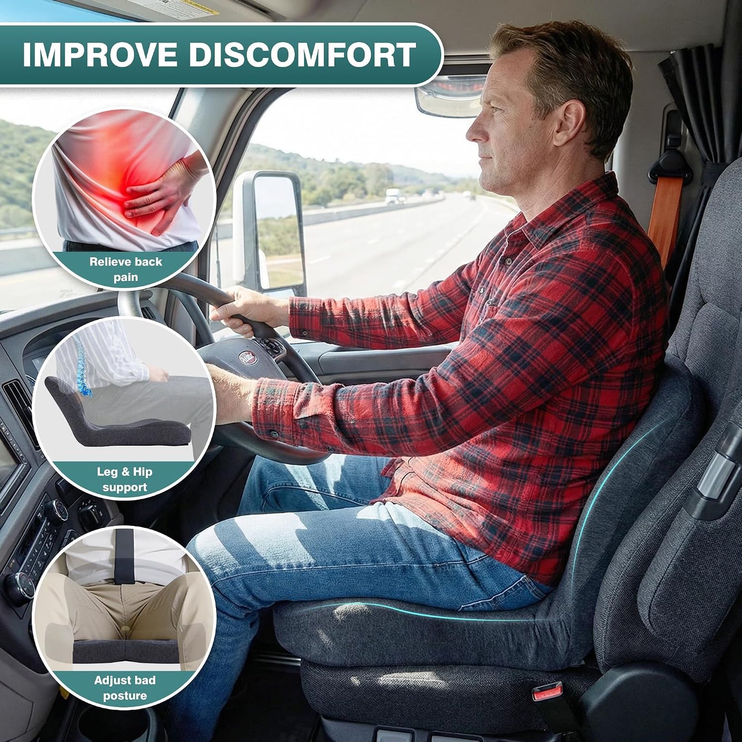 Memory Foam Car Seat Cushion – Ergonomic Driver Seat Cushion for Sciatica & Tailbone Pain, Breathable Non-Slip Car Seat Pad with Lumbar Support for Car, Truck, SUV, Office Chair