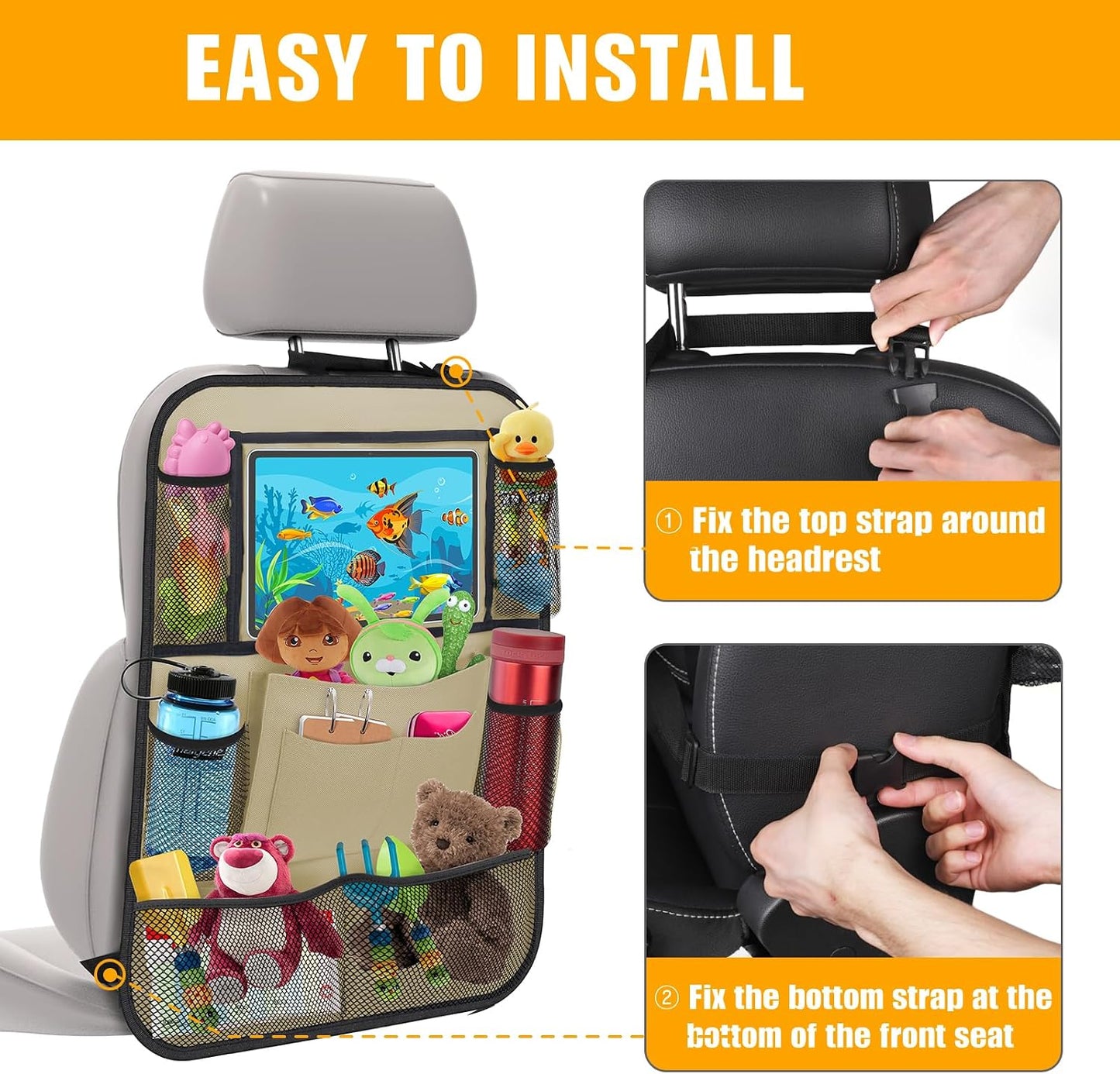 ULEEKA Car Backseat Organizer with 11" Table Holder, 10 Storage Pockets Seat Back Protectors Kick Mats for Kids Toddlers, Travel Accessories, 2 Pack, Beige